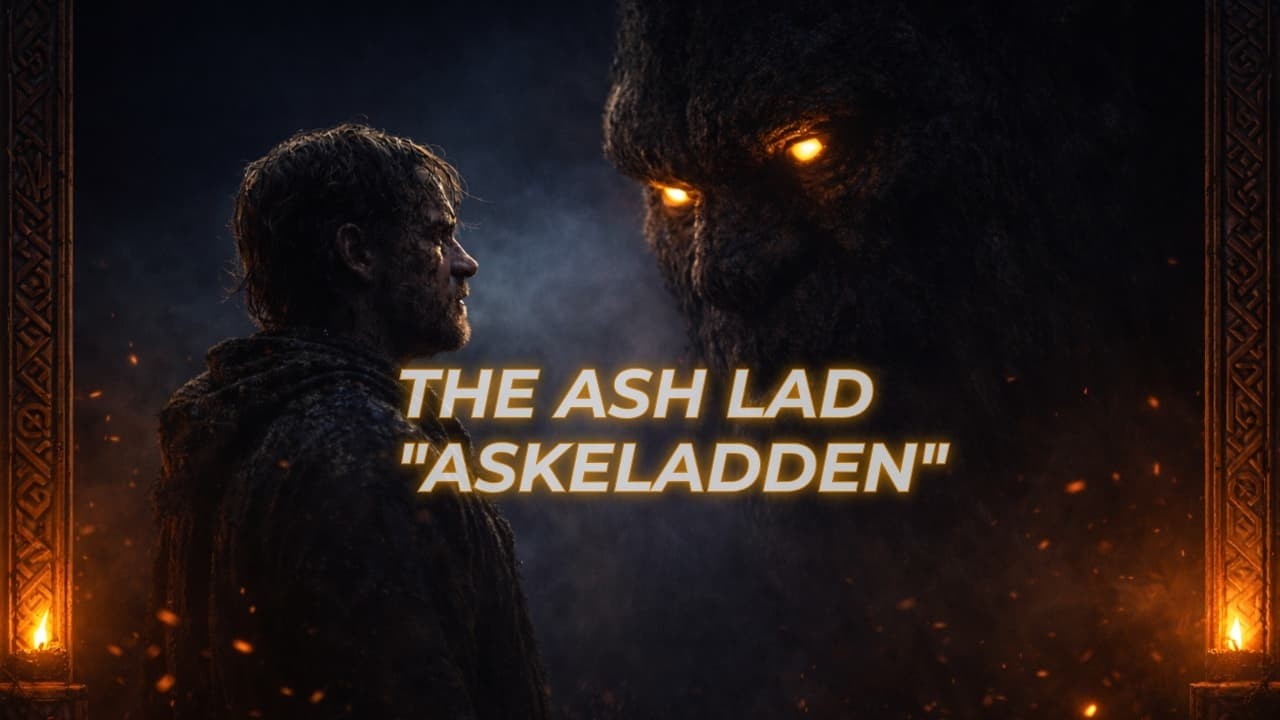 YouTube thumbnail for Ash Lad Rises, a dark Nordic rock tale.
