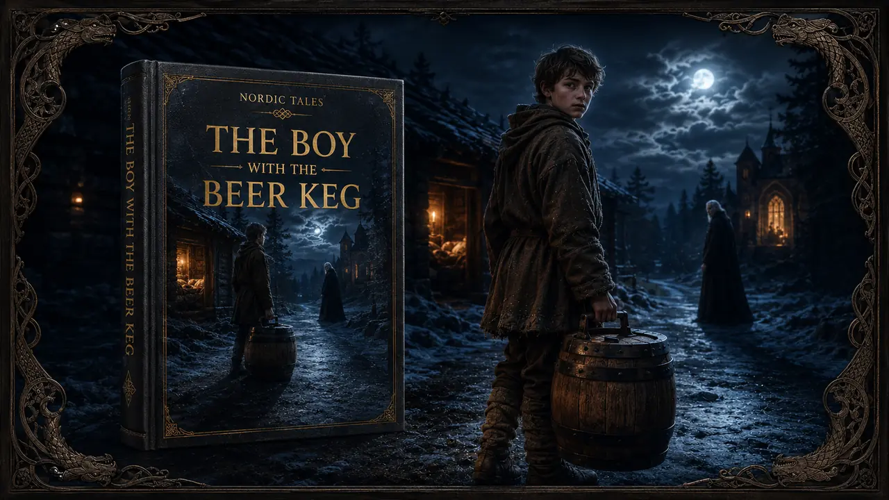 Book cover for The Boy with the Beer Keg beside a boy standing in a snowy village at night, holding a wooden keg, with a cloaked figure watching from a distance.
