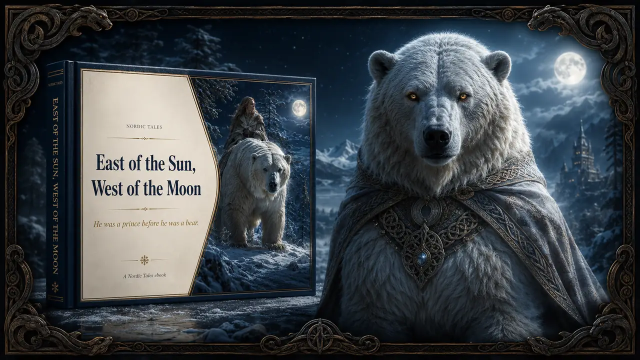 Book cover for East of the Sun, West of the Moon beside a close-up of a white bear wearing an ornate cloak and pendant, with a moonlit castle in the background.