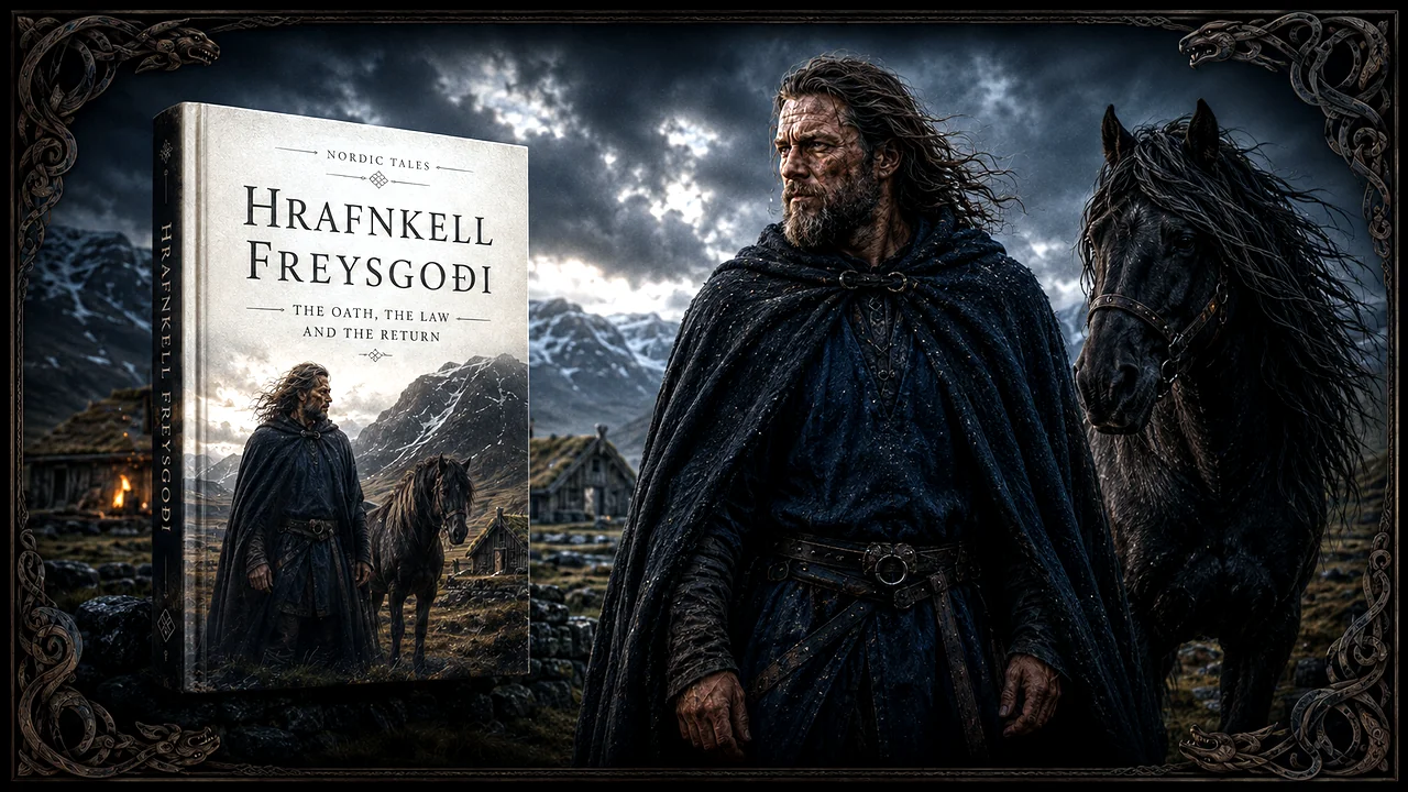 Hrafnkell Freysgoði beside the dark horse Freyfaxi in the Icelandic landscape.