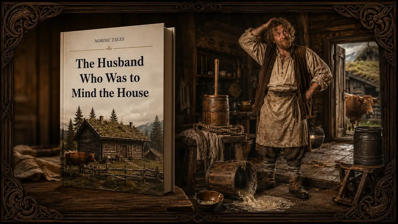 Book cover for The Husband Who Was to Mind the House beside a farmer struggling with household chores on a Norwegian farm.