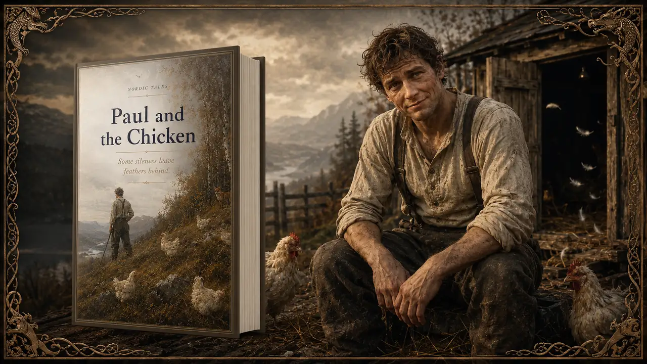 Book cover for Paul and the Chickens beside a Norwegian farmhand standing near an empty henhouse at dusk.