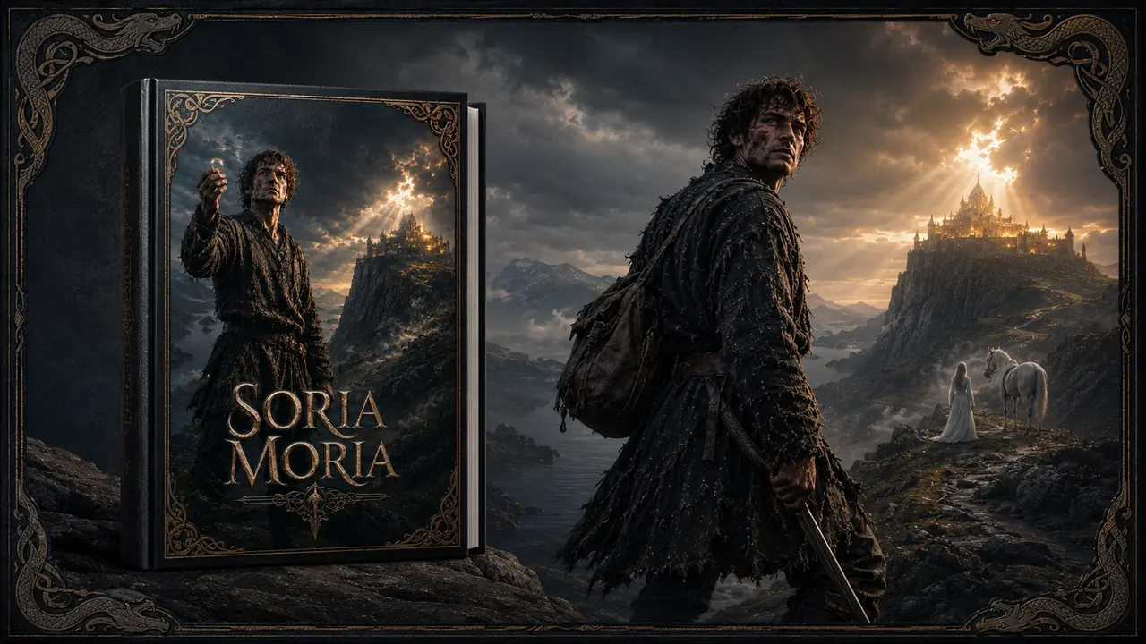 Book cover for Soria Moria beside a warrior standing before a distant golden castle beneath a stormy sky.