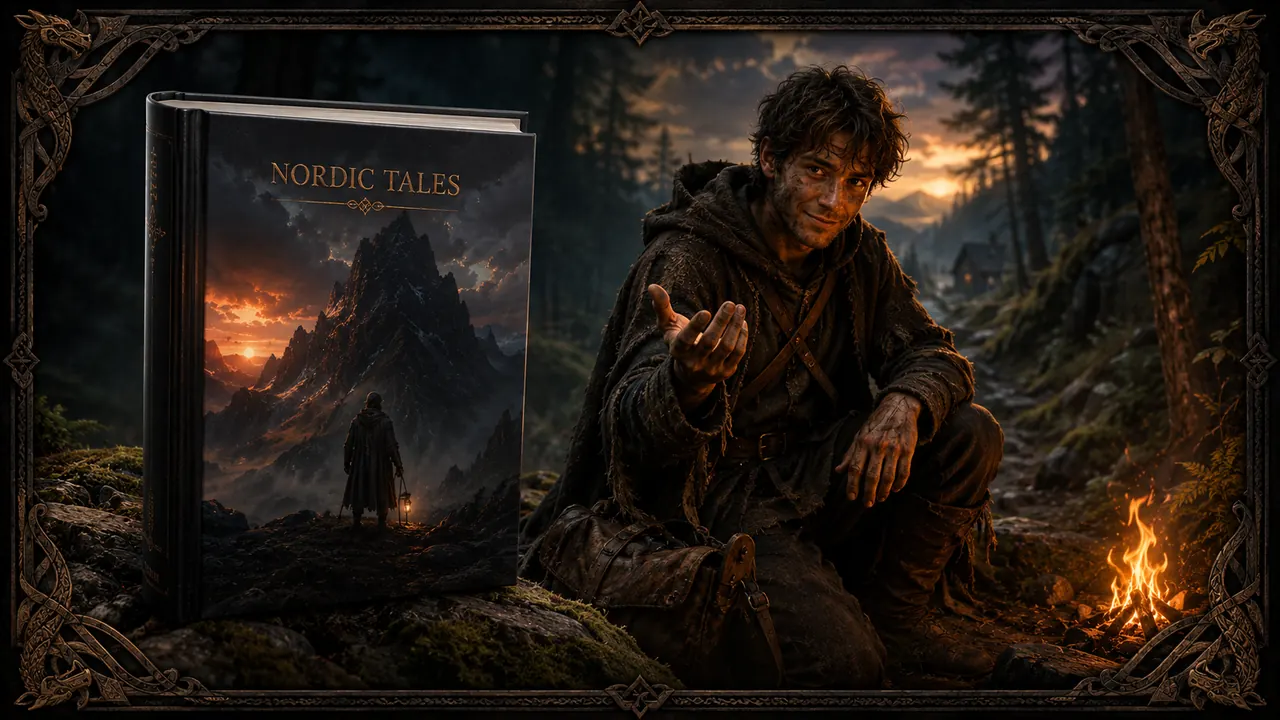 Book cover for The Ash Lad beside a young man crouched by a campfire on a forest path, reaching a hand toward the viewer.
