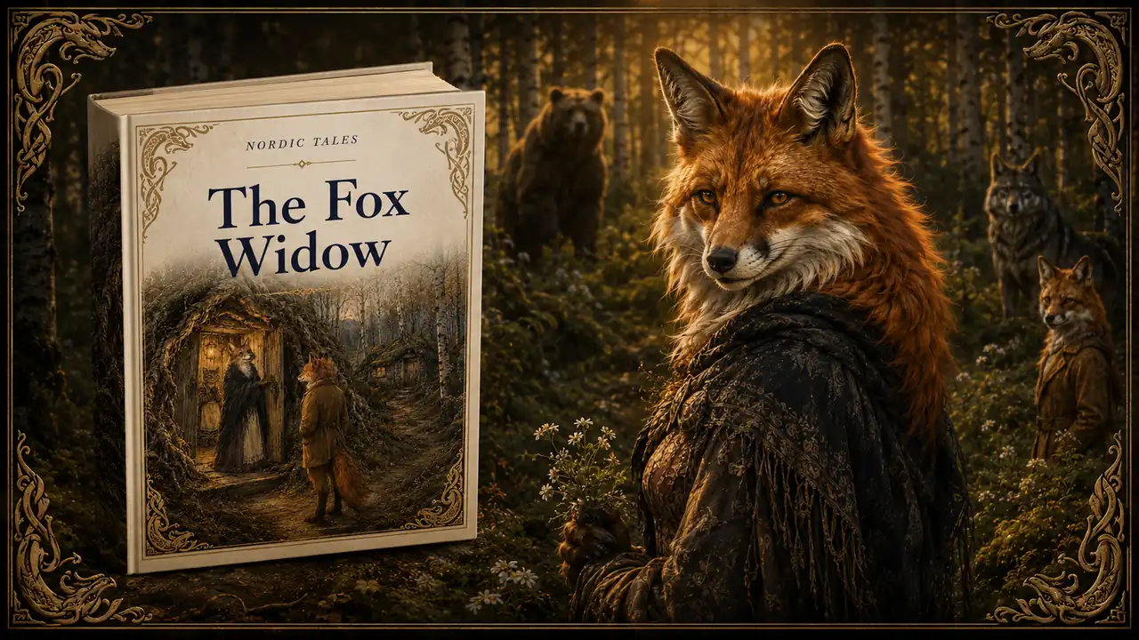 Book cover for The Fox's Widow beside a red fox in a dark coat standing among golden autumn trees.