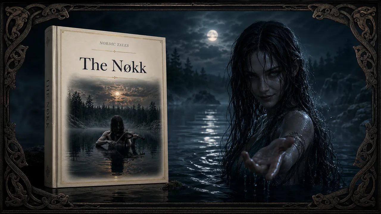 Book cover for The Nøkk beside a close-up of a woman emerging from dark water at night, reaching a hand toward the viewer.