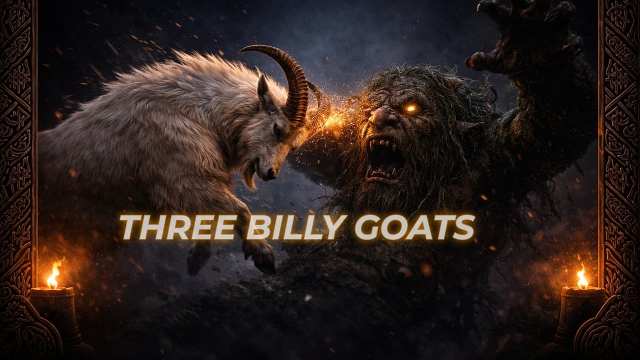 YouTube thumbnail for Three Billy Goats Gruff, a dark Nordic folk song.