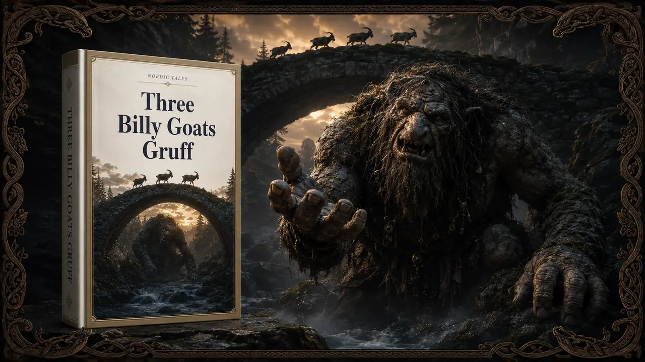 Book cover for Three Billy Goats Gruff beside a mossy troll reaching up from beneath a stone bridge as three goats cross above at sunset.