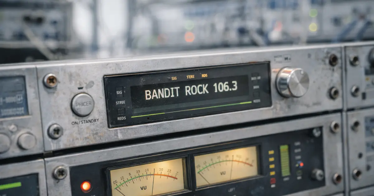 Slitt radioutstyr i metall med VU-metere og display som viser Bandit Rock 106.3