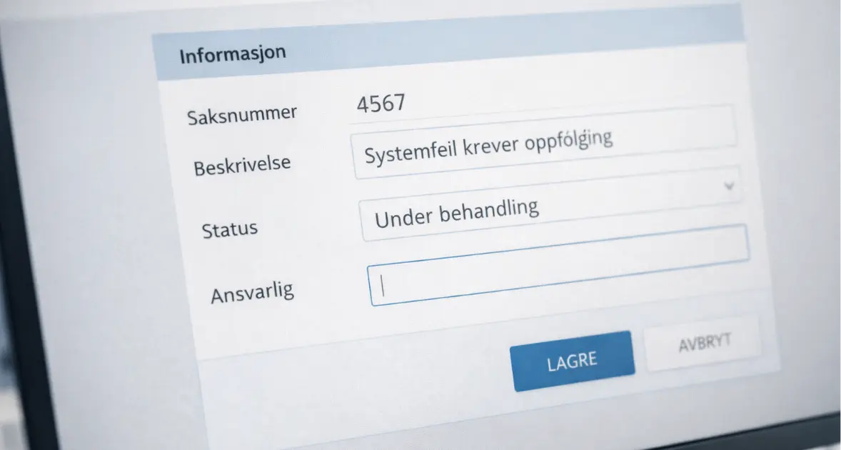 Digitalt skjema på skjerm der alle felt er utfylt unntatt “Ansvarlig”, som står tomt under status “Under behandling”