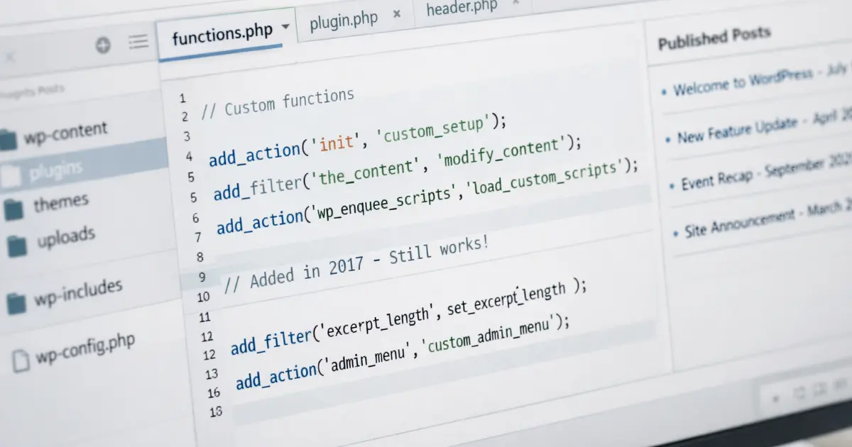 Lys kodevisning av WordPress-struktur med functions.php, hooks og klassisk wp-content-mappe