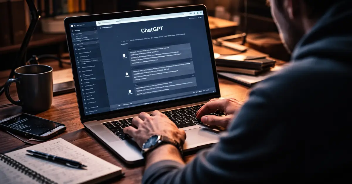 Person som jobber konsentrert foran laptop med AI-chat åpen på skjermen i dempet lys