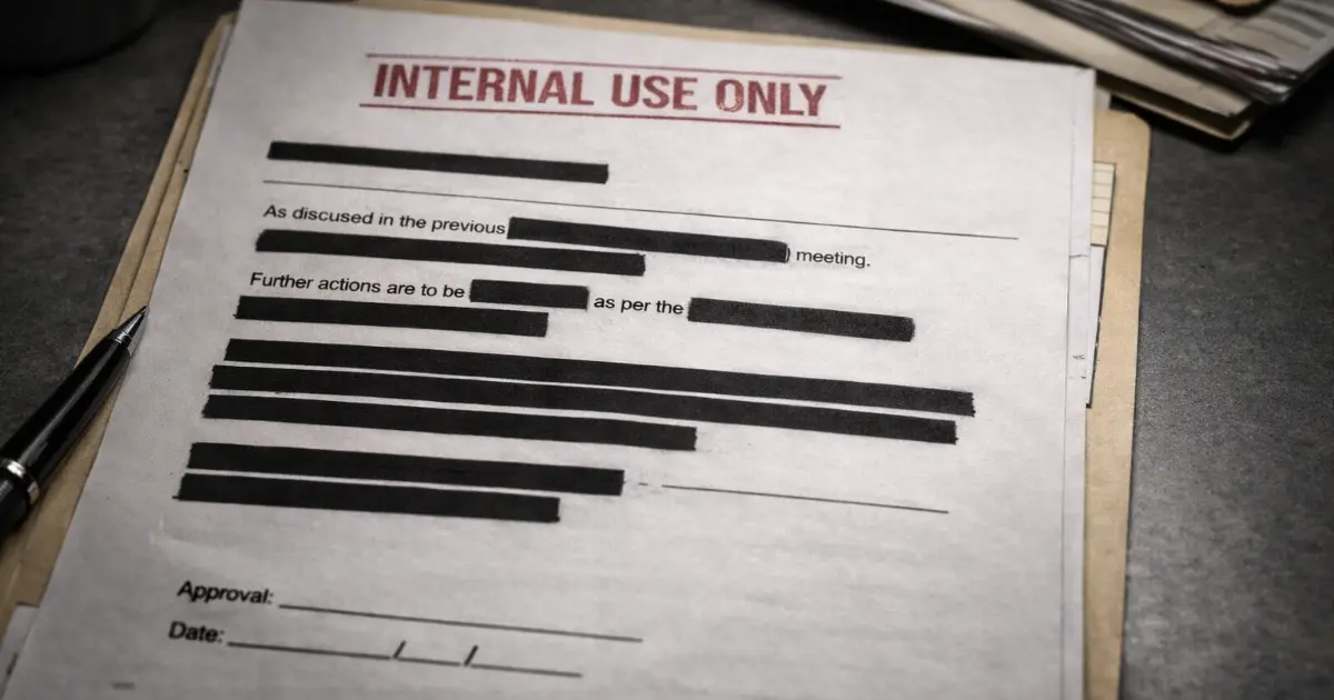 Fotografi av et delvis sladdet notat stemplet INTERNAL USE ONLY. Dokumentet mangler signatur.