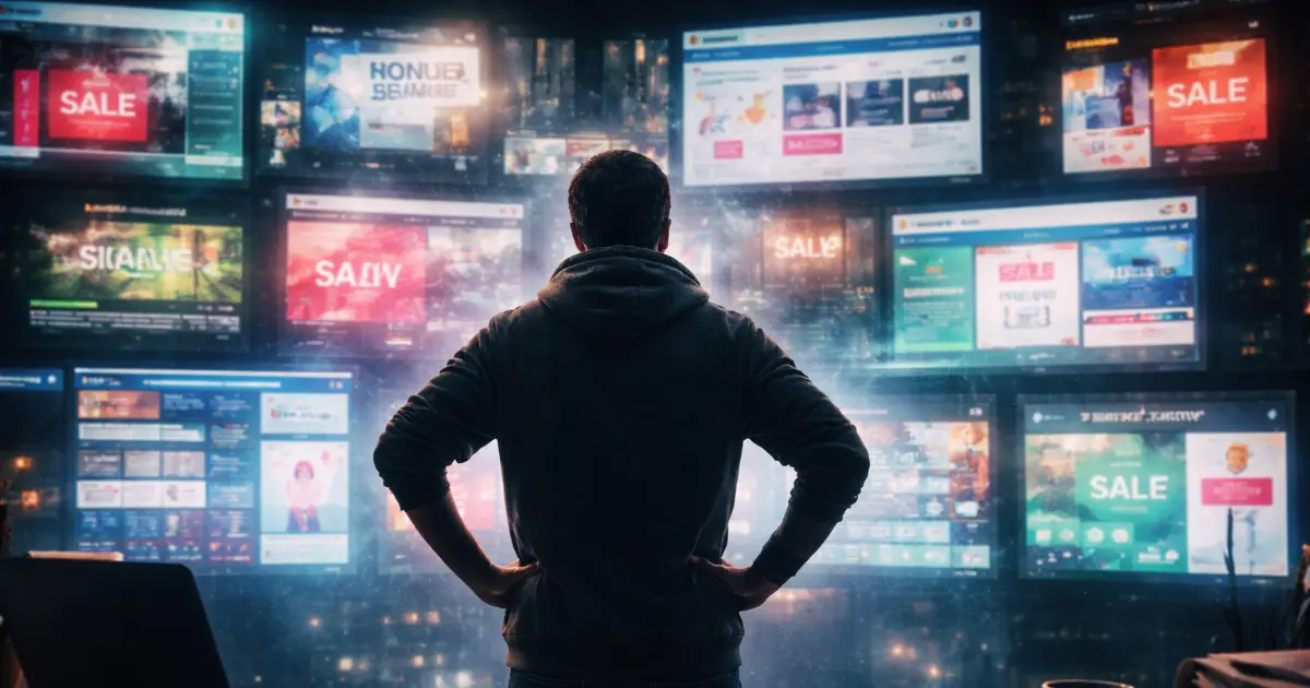 En enslig person foran en vegg full av digitale annonser som flimrer i mørket
