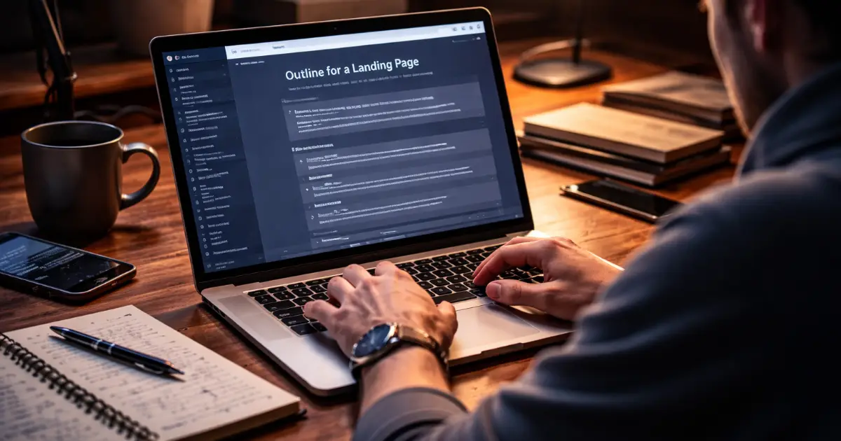 Person som jobber konsentrert foran laptop med tekstutkast til landingsside på skjermen