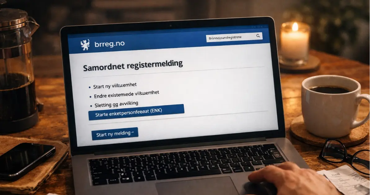 Person som sitter alene ved kjøkkenbordet med laptop og kaffekopp sent på kvelden