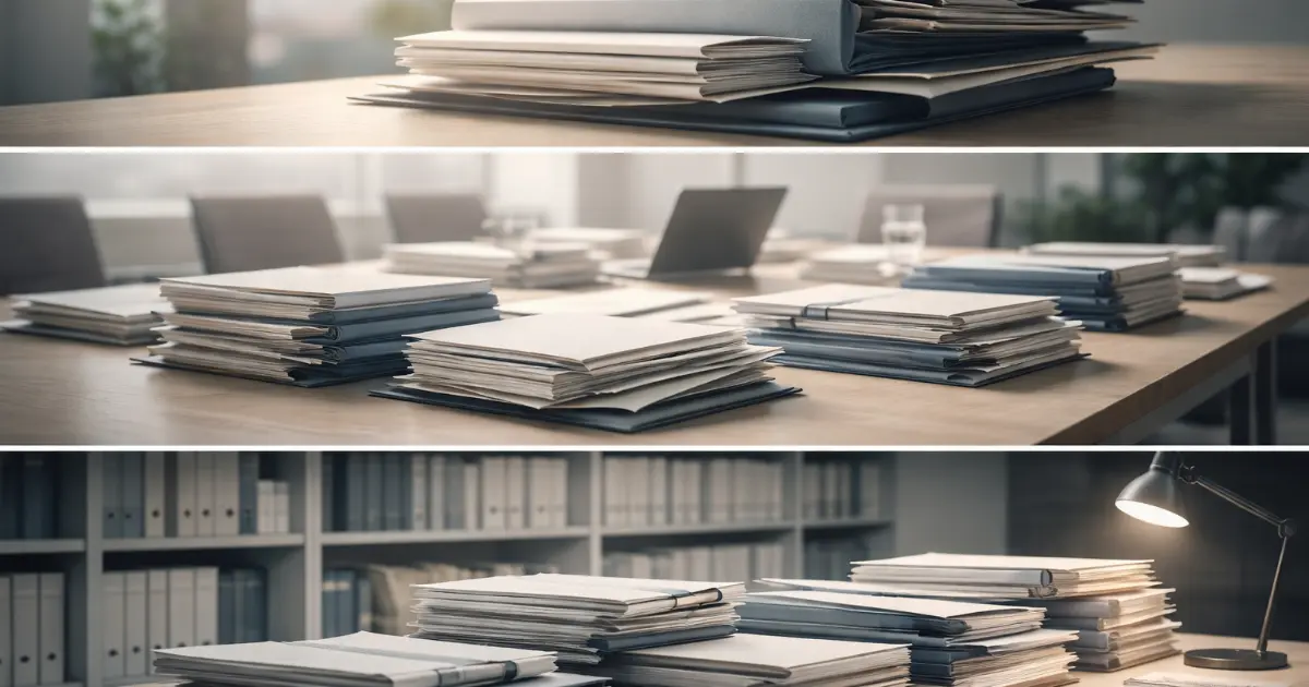 Illustrasjon som viser samme dokumenter i flere administrative lag, brukt som metafor for overlappende roller i offentlig forvaltning.