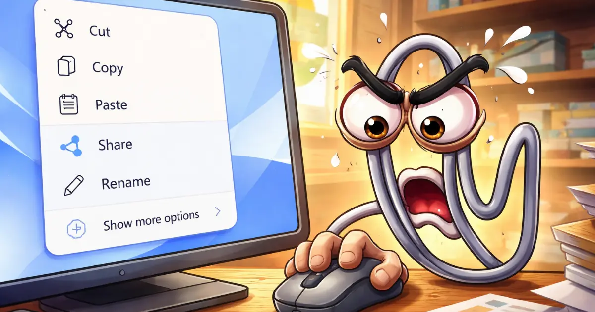 Klassisk høyreklikkmeny i Windows 11 med alle valg synlig