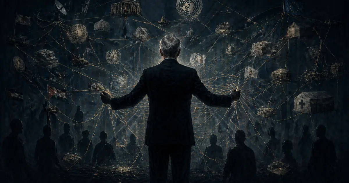 En eldre norsk mann i dress går gjennom en korridor av speil der hvert speil reflekterer en ny tittel og institusjon