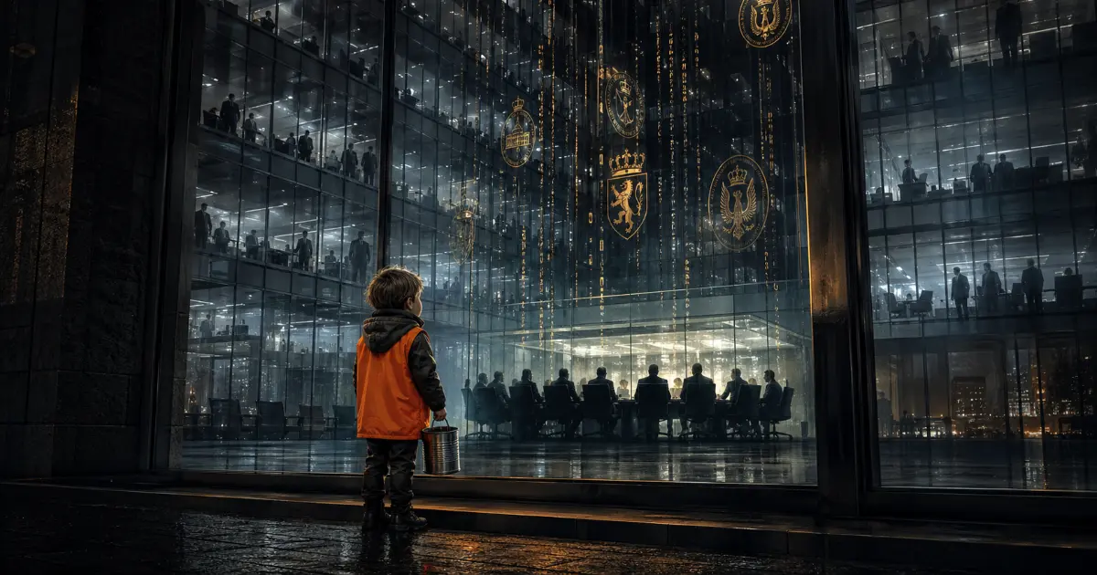 En bøssebærer i mørke banker på en dør av glass — bak glasset ses skyskrapere, pengestrømmer og institusjonelle logoer