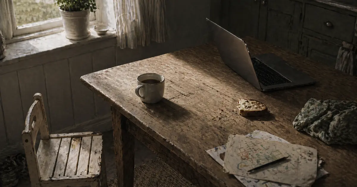 Kjøkkenbord med kaffekopp, åpen laptop og et tomt barnesete — stille kaos i en travel hverdag