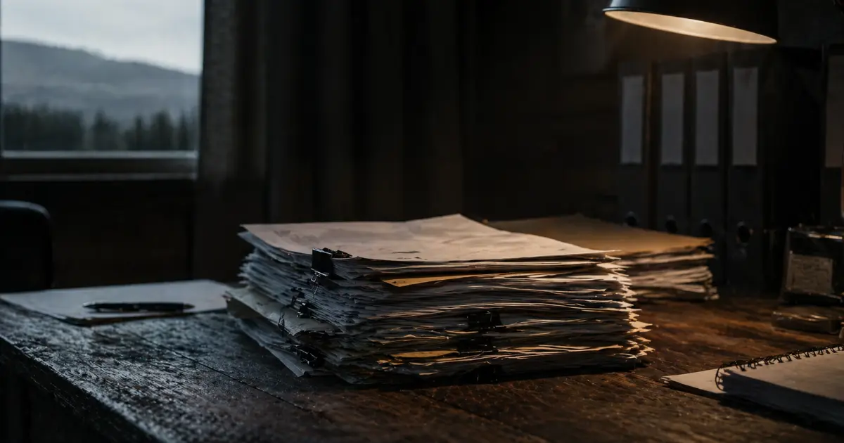 Stabelede dokumenter og rapporter mot en mørk nordisk bakgrunn