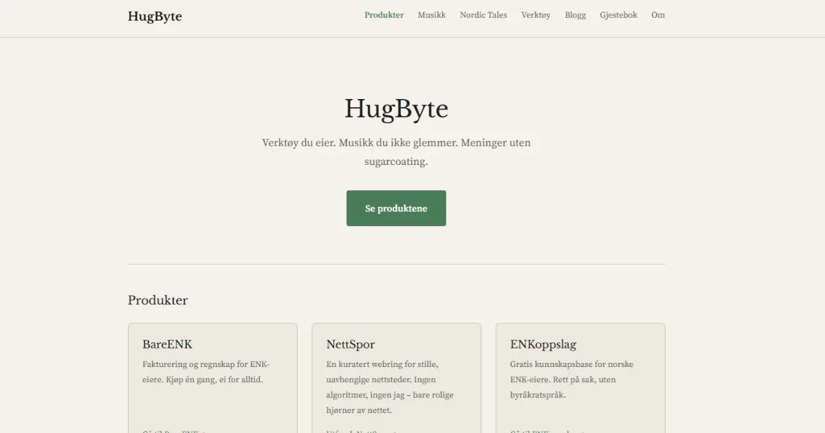 Skjermbilde av hugbyte.no i ny drakt, nordisk fargepalett på mørk bakgrunn