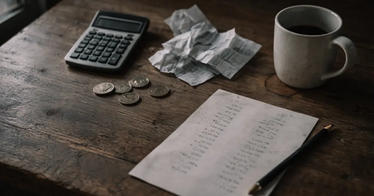 En kalkulator på et slitt bord med norske mynter og kvitteringer rundt seg