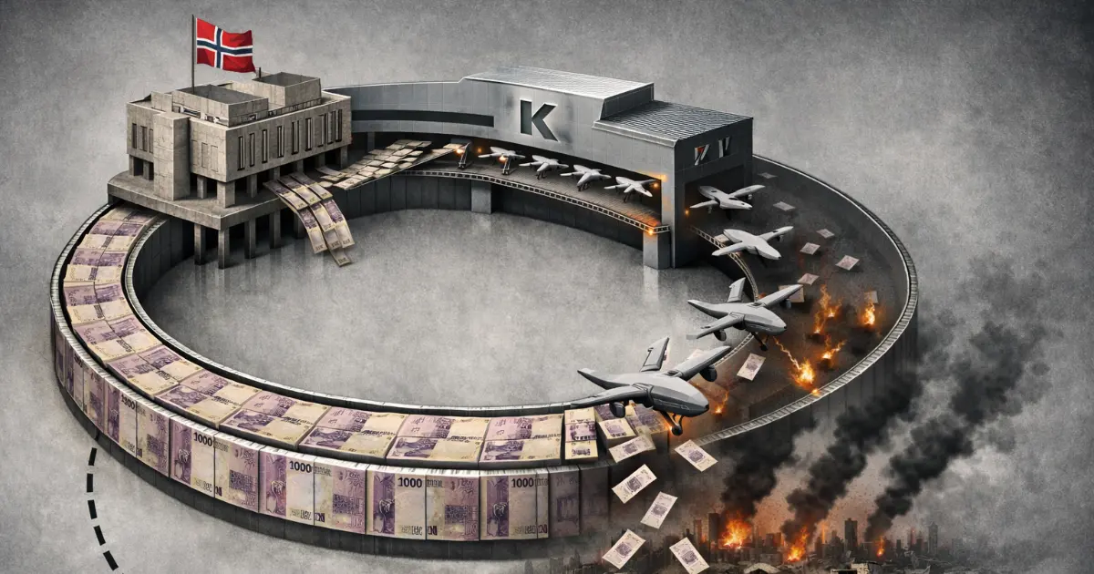 En sirkel av pengesedler mellom et statsvåpen, et forsvarskonsern og et slagfelt — illustrasjon av sirkulær statsfinansiering