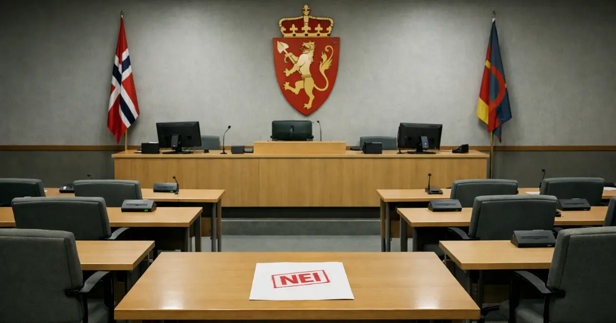 Tomt kommunestyrerom med tomme stoler og et stort stempel der det står NEI