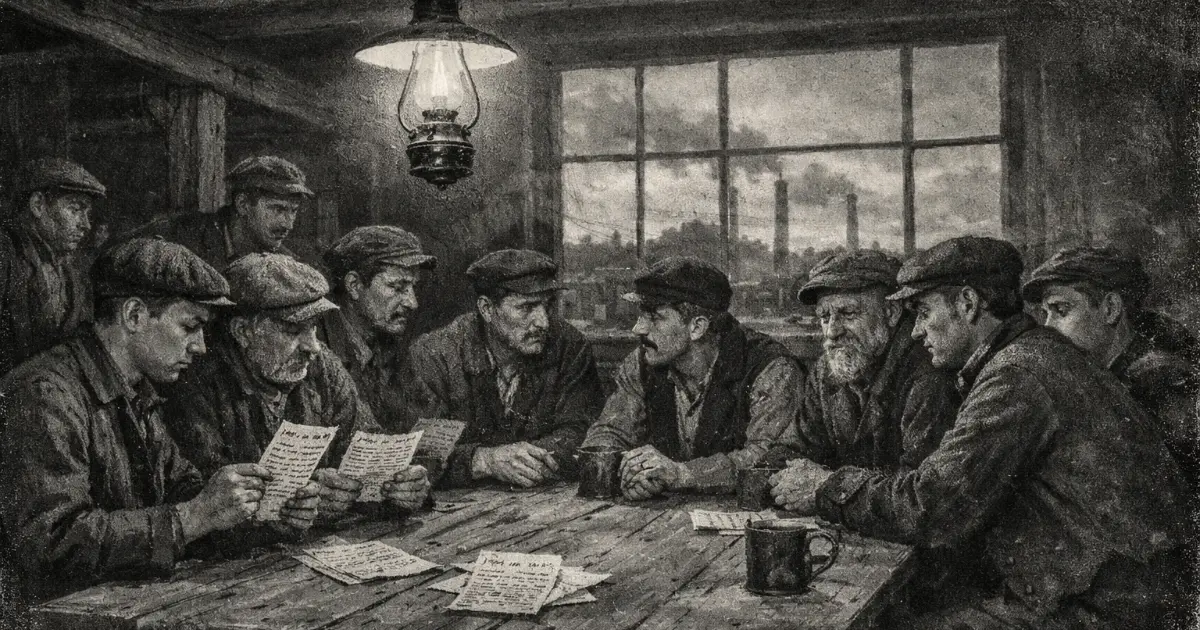 Svart-hvitt arkivfoto fra norsk arbeiderdemonstrasjon tidlig 1900-tall, arbeidere med plakater foran industribygg