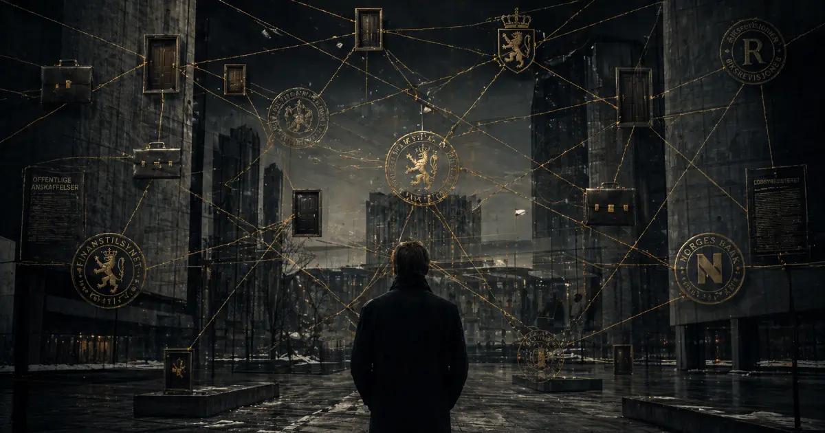 Et mørkt kontorbygg med lukkede dører og overlappende sirkeldiagrammer som symboliserer nettverk og maktstrukturer