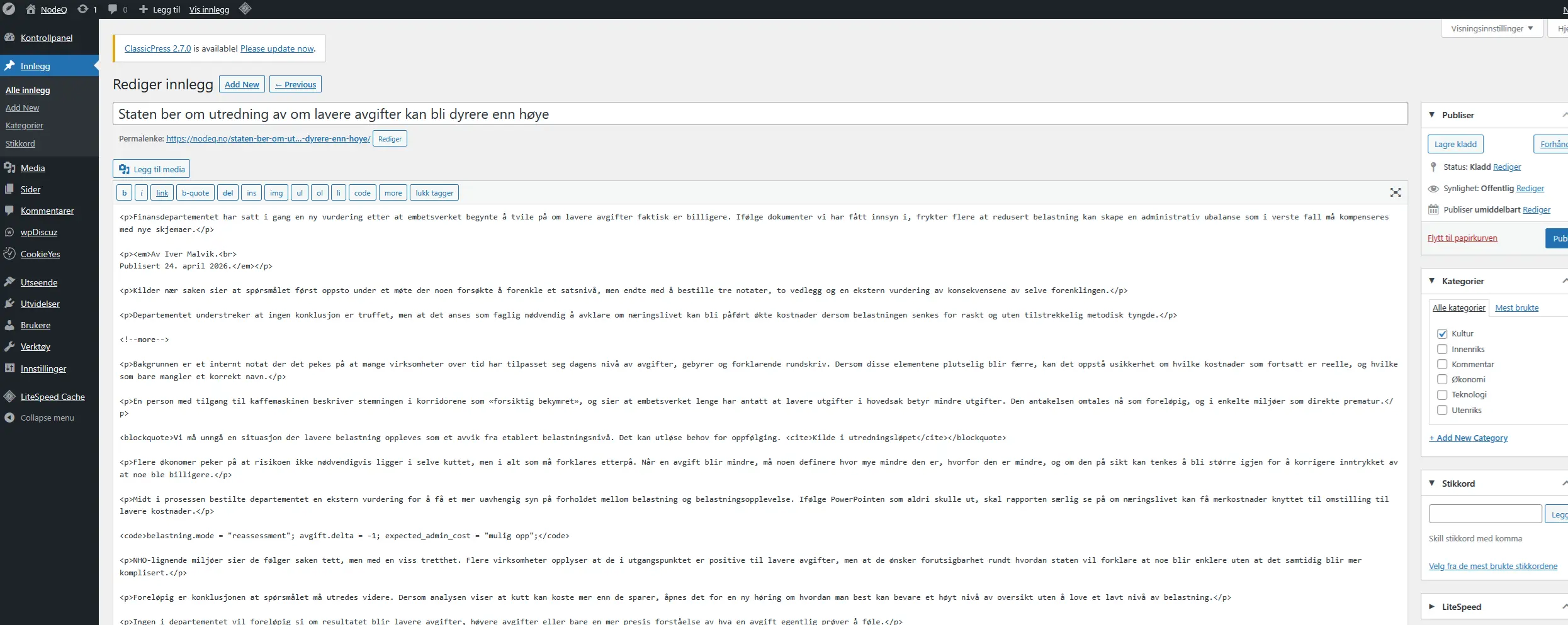 Bilde av ferdig artikkel, skrevet og deployed. Lagd med skills i codex.