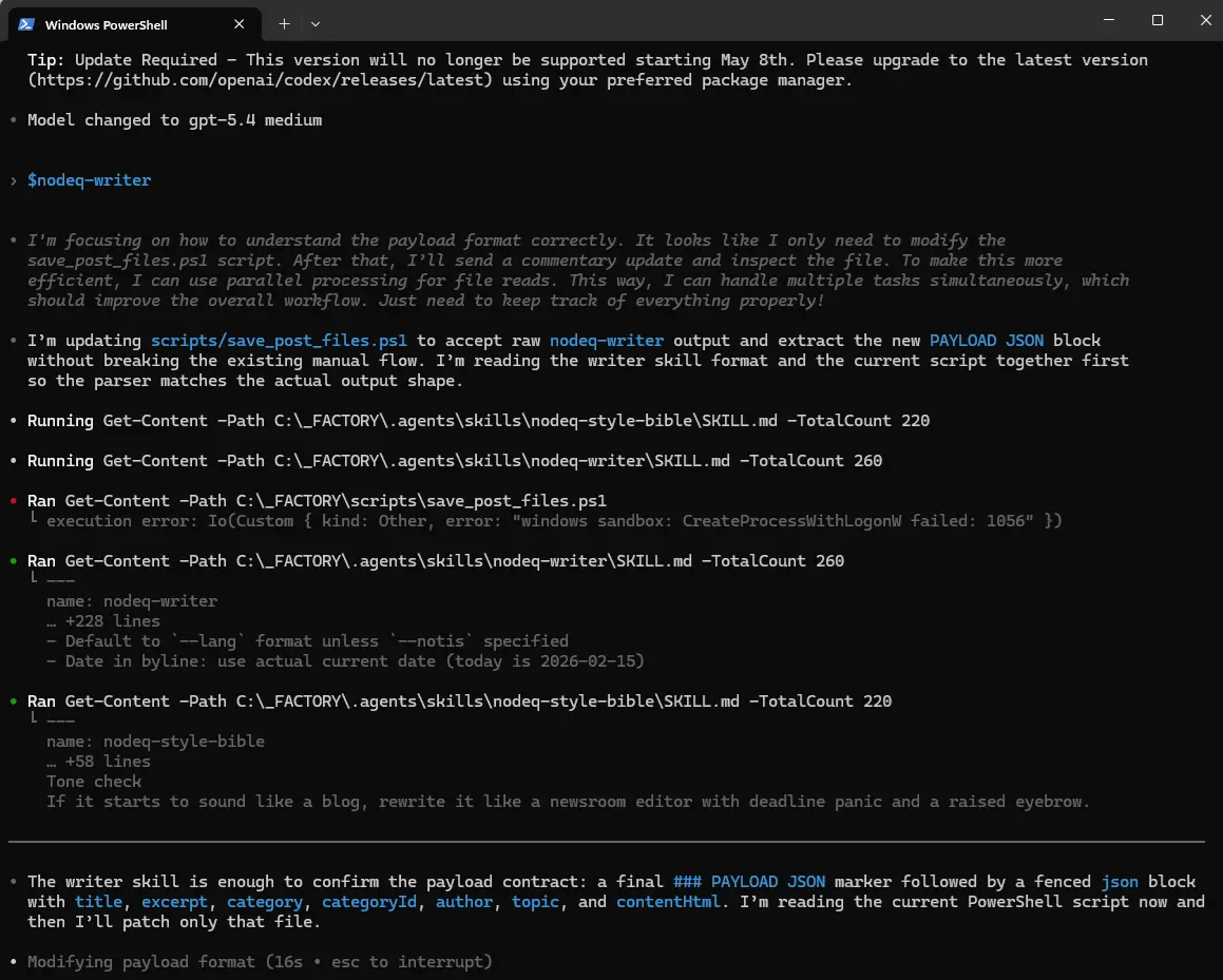 Skjermbilde av nodeq-writer i terminal