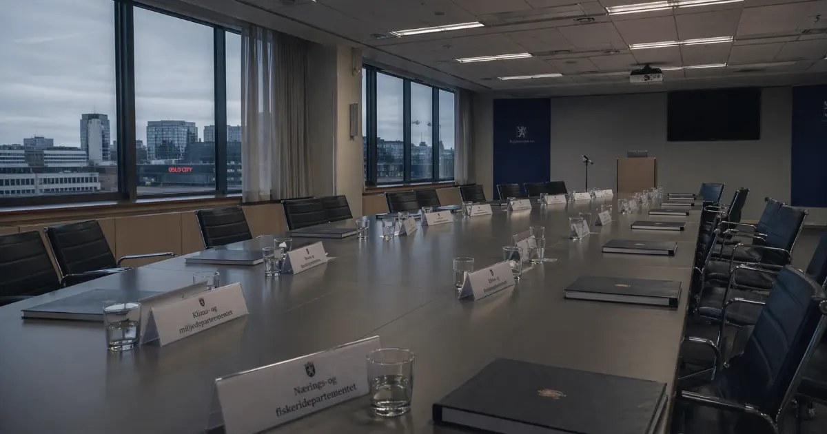 Tomt møterom med mange stoler, glass med vann og mapper på bordet — ingen til stede