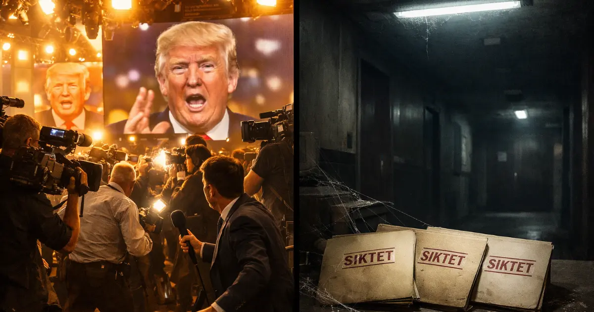 Avis-forside med Trump i krigstyper, mens tre norske navn forsvinner i bakgrunnen