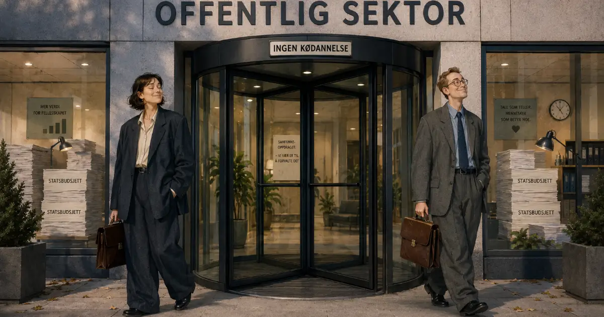 Illustrasjon av to personer på en svingdør inn til et glass-og-stål kontorbygg, med statsbudsjettet synlig gjennom vinduet