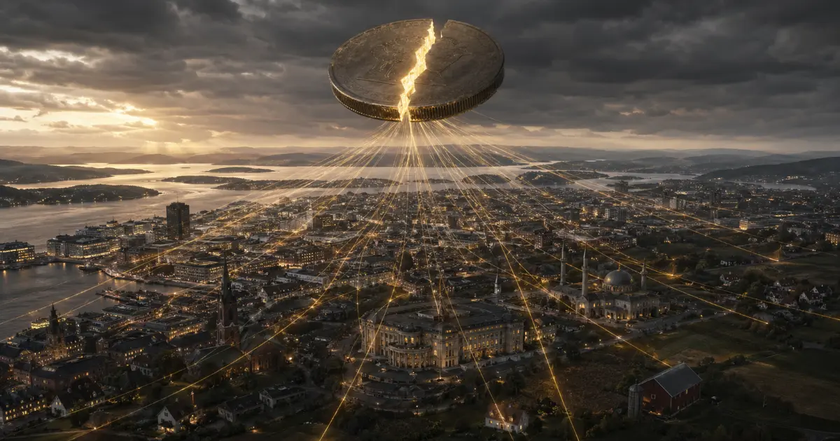 Stilisert illustrasjon av norske mynter og sedler som renner ned i et kirketårn og spredt utover til et hundretalls ulike symboler for ulike trosretninger