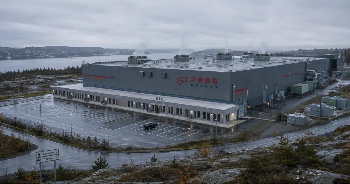Morrows industribygg i Arendal med asiatisk firmalogo på fasaden, tidlig morgen