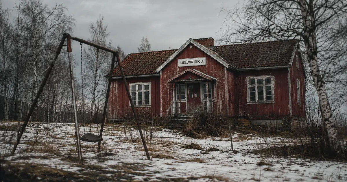 Et tomt klasserom i en gammel grendeskole, støv i luften og tomme pulter