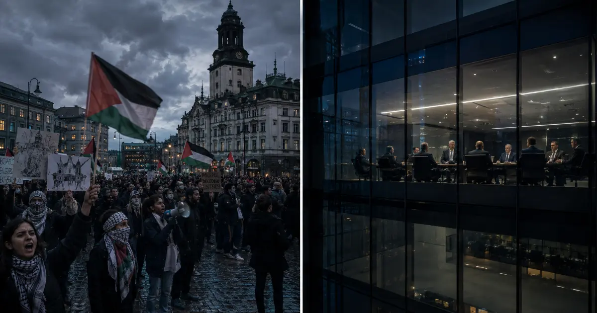 En demonstrant med palestinaflagg foran et glass-og-stål kontorbygg med PwC-logo — folkelig protest og korporativ makt i samme bilde