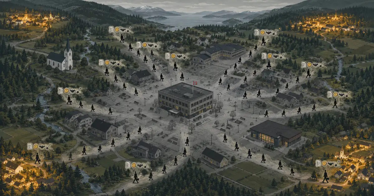 Illustrasjon av kommuneansatte som pendler ut av kommunen mens verdier lekker ut