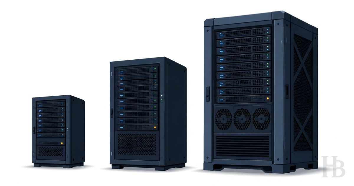 Illustrasjon av tre serverskap i ulik størrelse, side om side, som symbol på delt hosting, VPS og dedikert server